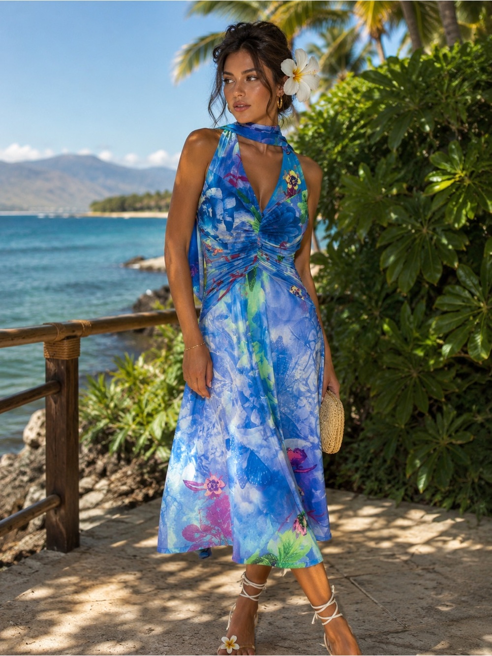 Vintage Y2K Qed London Blue Floral Halter Scarf Dress Size M